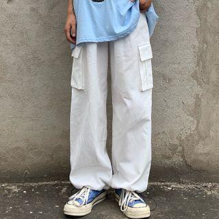 Cargo Plain Drawstring Wide Leg Pants