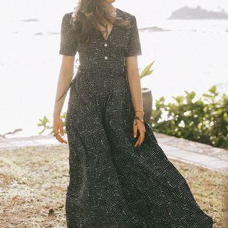 Set: Printed Short-sleeve V-neck Blouse + Printed Wide-leg Pants