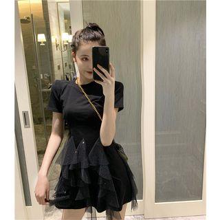 Irregular Short-sleeve Slim-fit Dress Black - One Size