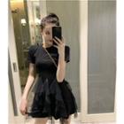 Irregular Short-sleeve Slim-fit Dress Black - One Size