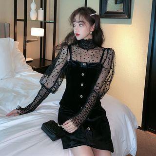 Mock-turtleneck Long-sleeve Dotted Mesh Top / Velvet A-line Pinafore Dress