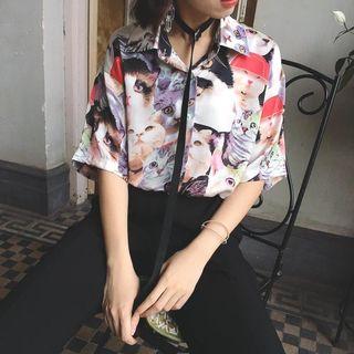 Cat Print Short-sleeve Blouse