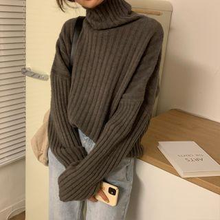 Long-sleeve High-neck Plain Knit  Sweater