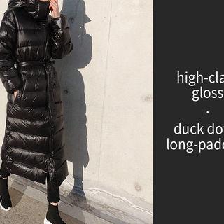 Hooded Duck Down Padding Belted Coat Black - One Size