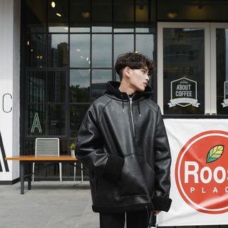 Faux Leather Fleece Trim Hoodie