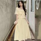 Puff-sleeve Square Neck Ruffle Trim Flowy Blouse / Midi A-line Skirt