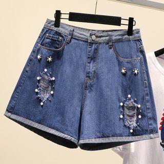 Ripped Embellished Wide-leg Denim Shorts
