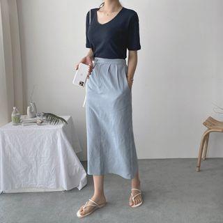 Band-waist Flap-detail Midi Skirt