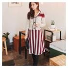 Set: Contrast-trim Cardigan + Stripe Knit Skirt