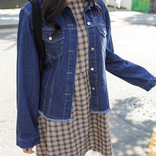 Metal-button Fringe-hem Denim Shirt