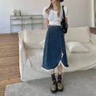 Lace Trim Slit Denim Midi A-line Skirt