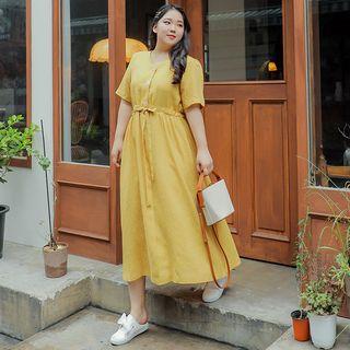 Half-placket Tie-waist Long Flare Dress