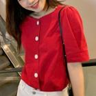 Elbow-sleeve Linen Blouse Red - One Size