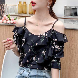 Floral Print Cold-shoulder Elbow-sleeve Blouse