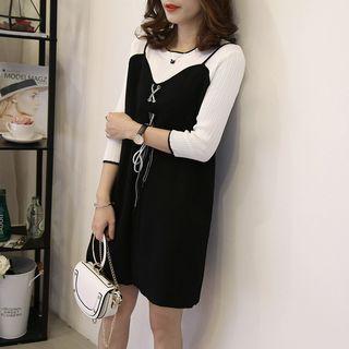Mock Two Piece Lace Up Front Long Sleeve Knit Dress