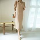 Open-placket Long Rib-knit Dress