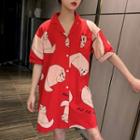 Printed Elbow-sleeve Sleep Dress Red - M