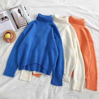 Plain Mock-neck Long-sleeve Sweater
