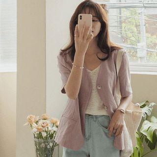 Lapelless Single-breasted Linen Blazer