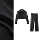 Set: Faux Leather Crop Jacket + High Waist Straight Leg Pants