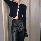 Plain Camisole Top / Cardigan / Faux Leather Pants