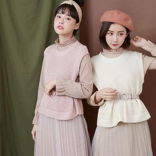 Set: Perforated Vest + Long-sleeve Midi Mesh Pleated Dress