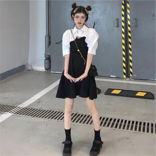 Spaghetti Strap A-line Dress / Puff-sleeve Cropped Shirt