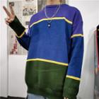 Color Block Round Neck Sweater Blue - One Size