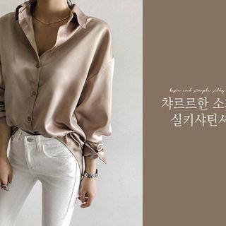 Drop-shoulder Satin Shirt