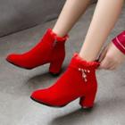 Faux Suede Frill Trim Chunky Heel Short Boots
