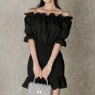 Off-shoulder Smocked Mini Dress Black - One Size