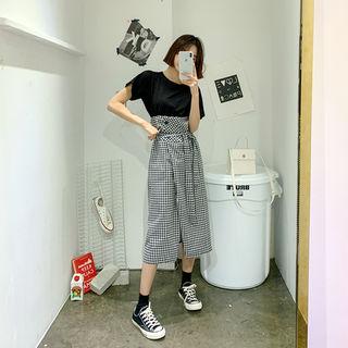 Set: T-shirt + Gingham Long Wrap Skirt