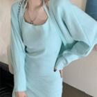 Plain Halter Spaghetti-strap Slit Dress / Long-sleeve Plain Cardigan