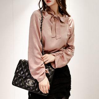 Tie-neck Shirred-sleeve Top