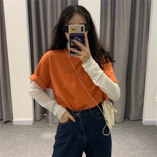 Long-sleeve Mock-neck Mesh Top / Short-sleeve Plain T-shirt