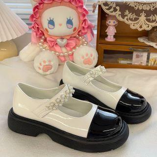 Two-tone Faux Pearl Buckled Mary Jane Shoes