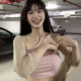 Plain Long-sleeve Shawl / Halter Crop Top