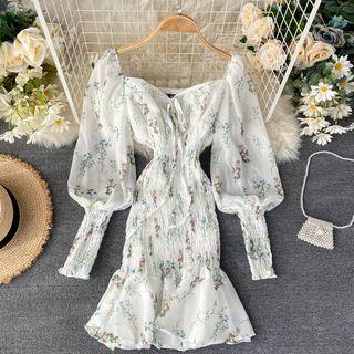 Long-sleeve Floral Smocked Mini Sheath Dress White - One Size