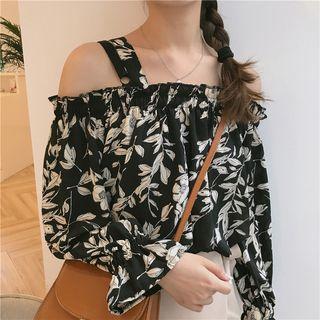 Leaf Print Cold Shoulder Long-sleeve Top