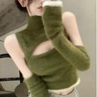 Set: Turtleneck Cutout Knit Crop Tank Top + Arm Sleeves Set Of 2 - Tank Top & Arm Sleeves - Green - One Size