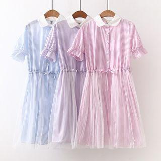 Striped Bell-sleeve Mesh Overlay A-line Dress