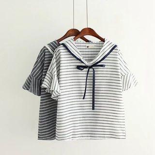 Striped Elbow Sleeve Collared T-shirt