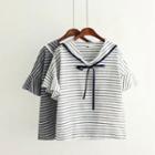 Striped Elbow Sleeve Collared T-shirt