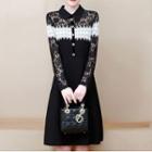 Collared Two-tone Long-sleeve Mini A-line Dress