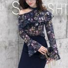 Floral Print Ruffled Blouse / Fitted Midi Skirt / Set