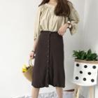 Buttoned Midi Skirt/ Plain 3/4 Sleeve Top