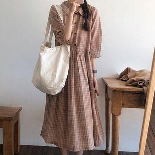 3/4-sleeve Plaid Shirt Dress / Cardigan / Set