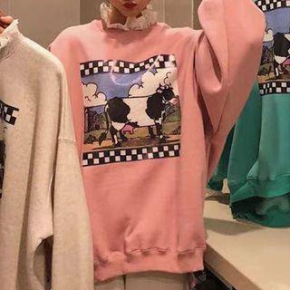 Lace Trim Cartoon Print Pullover