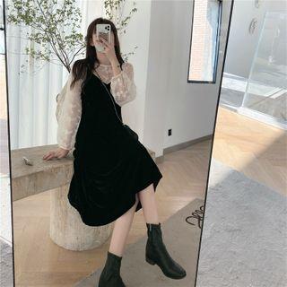 Puff-sleeve Embroidered Top / Velvet Spaghetti Strap Dress