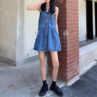 Plain Tank Top / Denim Button-up Mini Overall Dress